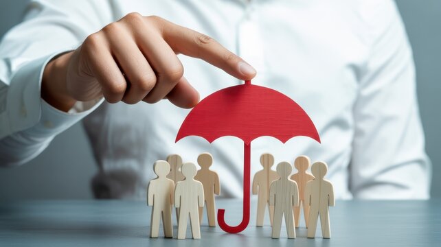Insurance Coverage & Protection: The hand of a professional holds a red umbrella over a group of miniature figures, representing insurance coverage and protection, a shield against uncertainty. 