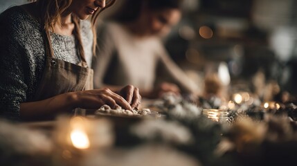 Two women crafting handmade items by warm candlelight fostering creative bonding