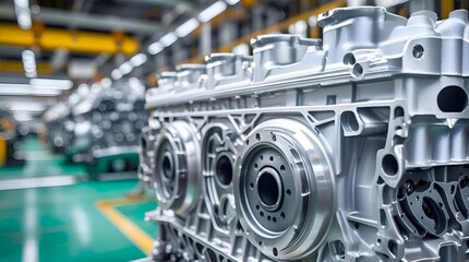 Fototapeta premium Close-up of a new engine block on a production line, symbolizing precision engineering, manufacturing excellence, automotive innovation, and industrial progress. 