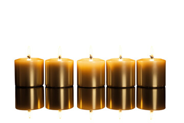Five golden candles glow against a