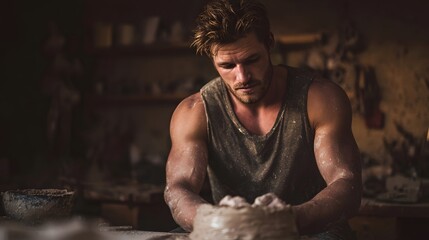 Muscular man intensely sculpting clay by hand in a rustic workshop with warm directional lighting