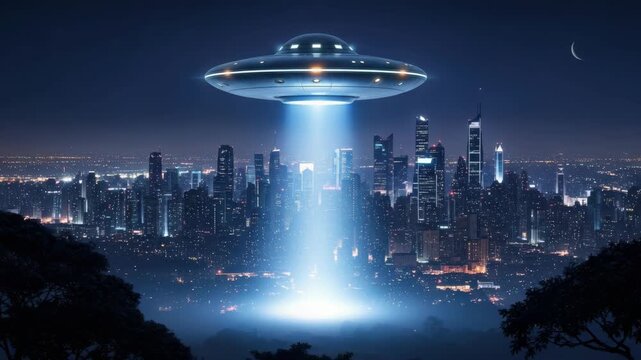 futuristic metallic flying disc hovers over vast city skyline at night emitting powerful blue light beam onto the ground Illuminated skyscrapers and dark trees are visible under crescent moon