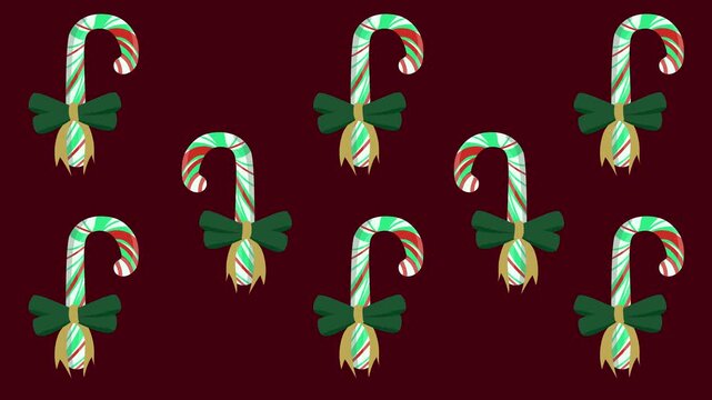 Animated pattern of wiggling Christmas candy canes on a dark red background. Looping festive illustration perfect for holiday backgrounds or winter themes.