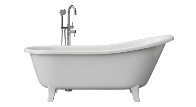 Isolated new freestanding soaking bathtub with faucet, for modern bathroom interior design