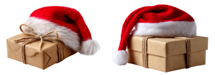 Wrapped Christmas Gifts with Santa Hats for Holiday Celebrations Isolate on Transparent Background, cutout, png