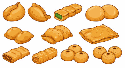 Assortment of baked savory and sweet pastries with goldenbrown crusts