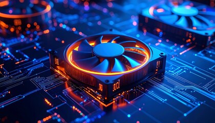 A close-up shot displays a cooling fan on a motherboard, illuminated with neon orange and blue lights. Details are sharp