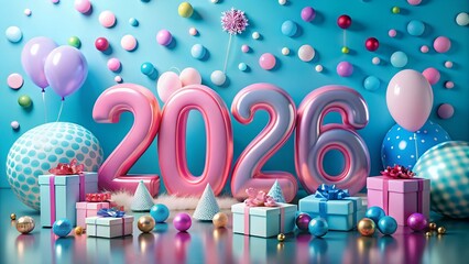 Festive 2026 new year celebration with pink balloons gifts and sparkling decorations against a blue background