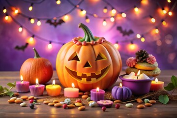 Spooky halloween jack o lantern pumpkin surrounded by glowing candles and autumn treats with twinkling lights in the background