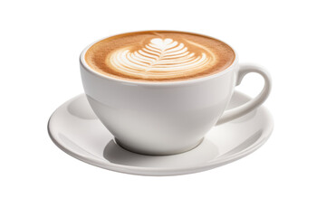 Latte art in a white cup on a saucer against black
