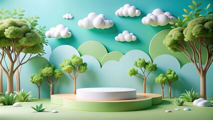 Whimsical enchanted forest scene with a circular stage and fluffy clouds perfect for product displays and children s themes