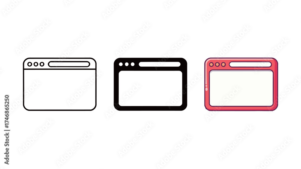 Wall mural Browser Window Icon Set - Outline, Solid, and Colorful Vector Symbol of Internet, Web Page, and Software