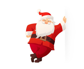 Cheerful Santa Claus leaning on wall with space for text. Festive cartoon vector. For Christmas sale banners, posters, social media, holiday advertising designs. Transparent background in vector file.
