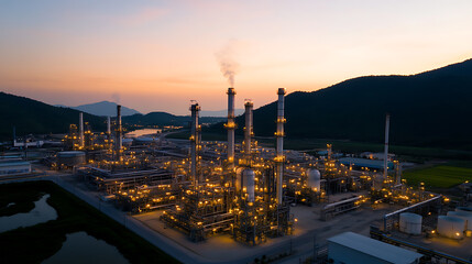 Obraz premium Illuminated industrial complex set against a dawn sky and mountainous backdrop, showcasing manufacturing and energy infrastructure.