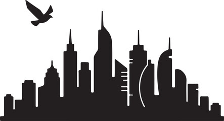 Obraz premium Black Silhouette City Skyline with Bird – Vector Minimal