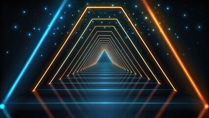 Naklejka premium Abstract futuristic tunnel with glowing neon geometric shapes and sparkling lights in dark
