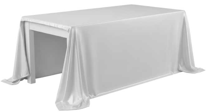 Isolated table with white tablecloth, a dining furnishing on an invisible platform