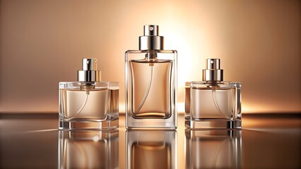 Elegant glass perfume bottles with golden liquid displayed on a reflective surface with a warm bokeh background showcasing luxury and fragrance