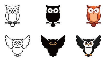 Perching and Flying Owl Icon Set - Outline, Solid, and Colorful Vector Symbol of Bird, Wildlife, and Nature