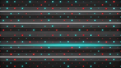 Abstract digital glitch with glowing red and cyan dots and horizontal lines