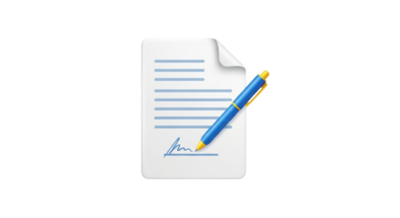 Isolated document with blue pen and curled corner depicts agreement signing and paper work