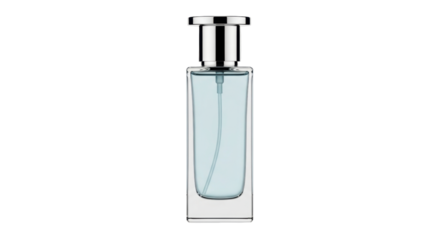 Isolated bottle of perfume, a light blue liquid for both women and men, for beauty and personal care