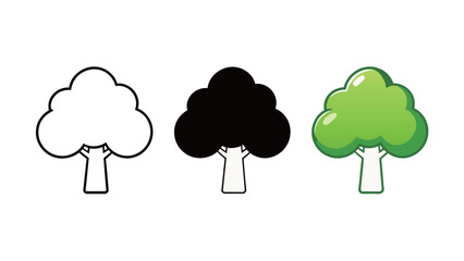 Simple Tree or Broccoli Icon Set - Outline, Silhouette, and Green Color Cartoon Illustration