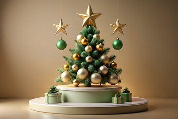 A beautifully decorated christmas tree with golden stars and green ornaments sits on a festive display stand surrounded by small gift boxes evoking holiday cheer and seasonal celebration
