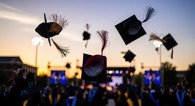 Graduation caps flying in the air at sunset, celebrating academic achievements.