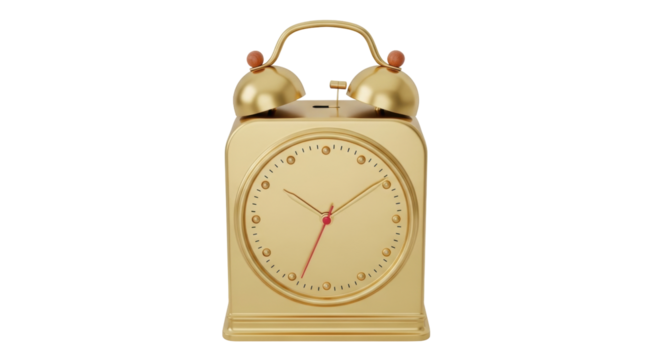 Isolated Golden Alarm Clock, Front View, with Hour, Minute, and Bell, Timepiece, Classic Design