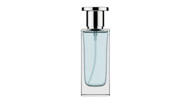 Isolated bottle of perfume, a light blue liquid for both women and men, for beauty and personal care