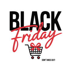 Black Friday Shopping Cart Sale Banner with Gift Bow on White Background