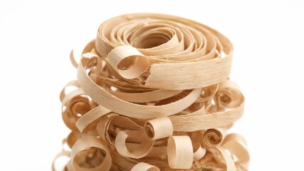 Curled Wood Shavings Close-up - This video shows a close-up of curled, light-colored wood shavings stacked on top of each other. - Powered by Adobe