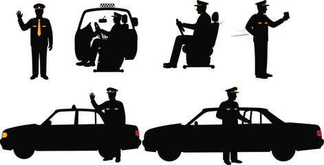 Set of police officer silhouettes with patrol cars in law enforcement activities including waving, writing tickets, patrolling, and public safety scenes © Mam's Creations