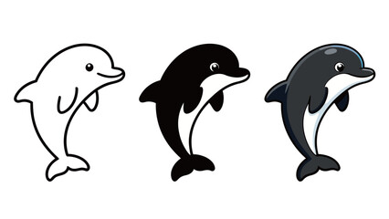 Cute Dolphin Jumping Icon Set - Outline, Black Silhouette, and Detailed Color Sea Animal Illustration