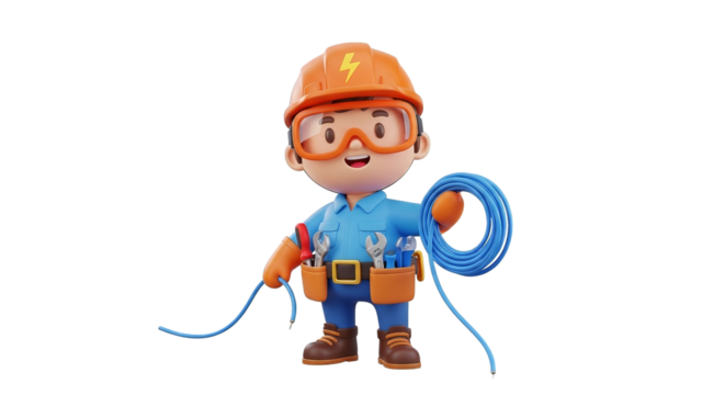 Cute 3d Electrician Cartoon With Cable