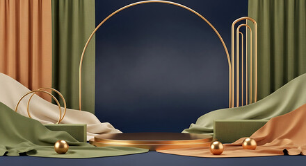 Elegant product display backdrop featuring a golden platform, soft textiles, and geometric accents for elevated presentations.