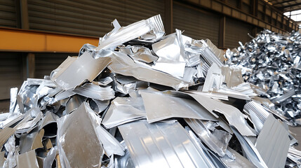 Piles of scrap metal fragments are collected in a large, industrial facility, awaiting processing for recycling and reuse in manufacturing.