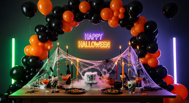 Halloween Party Stage with Balloons, Pumpkins, and Festive Lights &ndash; Vibrant Holiday Celebration Setup with Bright Colors and Decorative Atmosphere