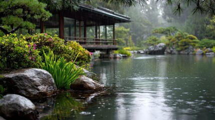 Serene Rain Garden: A Japanese garden bathed in a gentle rain, where a traditional pavilion rests peacefully by a tranquil pond. The landscape embodies the essence of serenity.