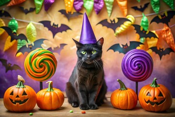 Adorable black cat wearing a purple witch hat sits amongst halloween decorations including pumpkins and swirl lollipops