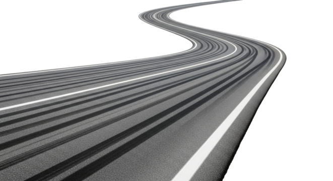 Isolated twisting road with tire marks and center line in perspective, for graphic designs