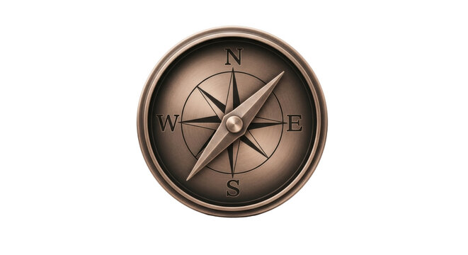 Isolated antique bronze compass showing north, west, south, and east directions design