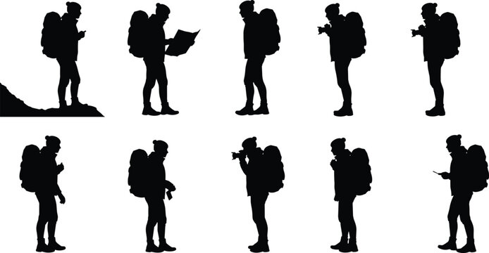 Silhouette collection of backpacker hiking poses with outdoor adventure activities, travel exploration, trekking actions, camping lifestyle vector illustration design” - Powered by Adobe