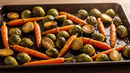 Roasted brussels sprouts and carrots on a baking sheet. Healthy vegetarian Thanksgiving side dish. Homemade autumn vegetable recipe