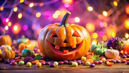 A happy jack o lantern grinning amidst a colorful array of halloween candies and twinkling lights creating a festive autumn atmosphere