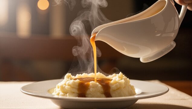 Hot steaming gravy being poured over mashed potatoes. Traditional Thanksgiving side dish for a holiday dinner
