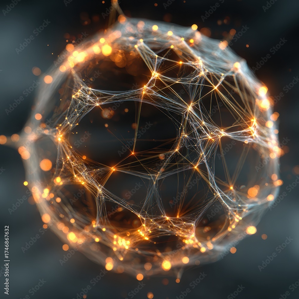 Wall mural glowing wireframe sphere rotating slowly with abstract background