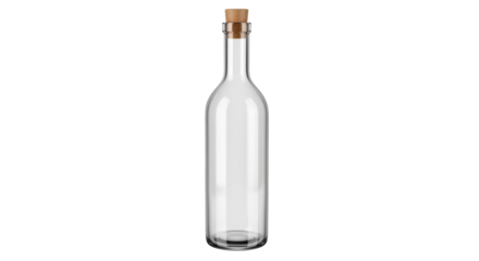 Isolated glass bottle with cork stopper for beverage packaging or product presentation