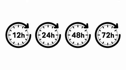 Time's Flow: A depiction of time measurement, showcasing the passage of 12, 24, 48, and 72 hours represented by clock faces.
